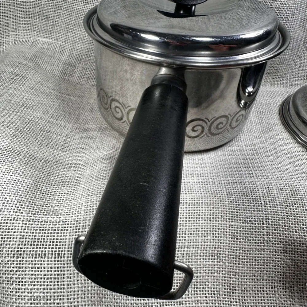 Vintage EKCO 2 Qt Stainless Steel‎ Saucepan Black Scroll MCM Retro w 2 Lids
